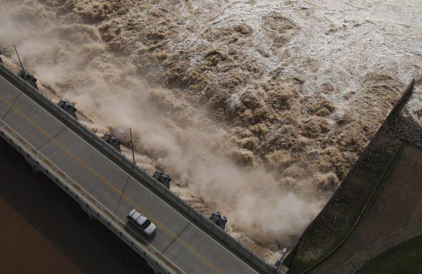 Water is released from the Keystone Dam into the Arkansas River northwest of Tulsa, Okla., on May 24, 2019. (Tom Gilbert/Tulsa World via AP)