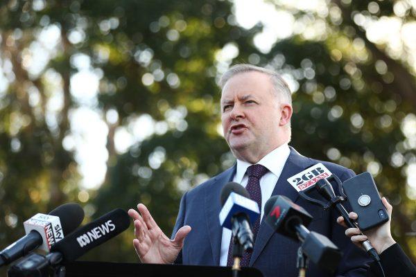 Anthony Albanese speaks to media at Henson Park Oval in Sydney, Australia, on May 21, 2019. (Mark Metcalfe/Getty Images)