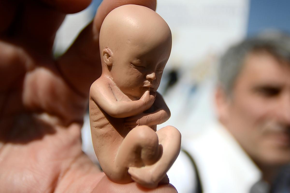 An activist displays a rubber fetus during a "March for Family" within the World Congress of Families conference in Verona on March 31, 2019. (Filippo Monteforte/AFP/Getty Images)