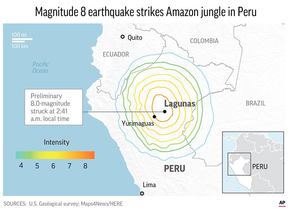 A powerful magnitude 8.0 earthquake has struck the Amazon jungle in north-central Peru. (US Geological Survey/Maps4News/Here via AP)