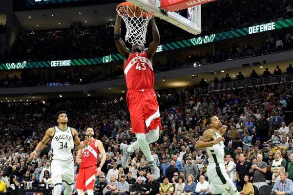 Toronto Raptors forward Pascal Siakam (43) dunks during late second half action in Game 5 of the NBA Eastern Conference final in Milwaukee against the Milwaukee Bucks on Thursday, May 23, 2019. (The Canadian Press/Frank Gunn)