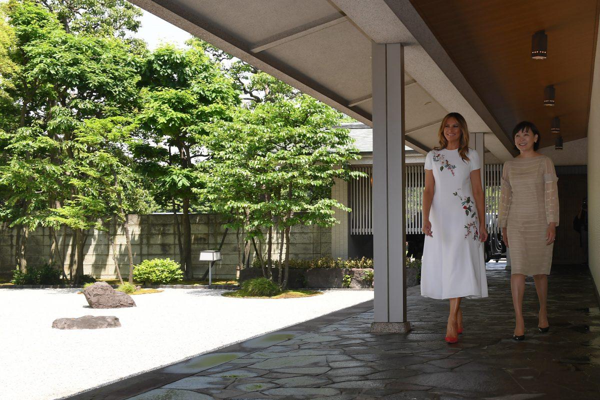 First Lady Melania Trump (L) and Japan's Premier Shinzo Abe's wife Akie enter a Japanese style annex at Akasaka guesthouse in Tokyo on May 27, 2019. (Toshifumi Kitamura/AFP/Getty Images)