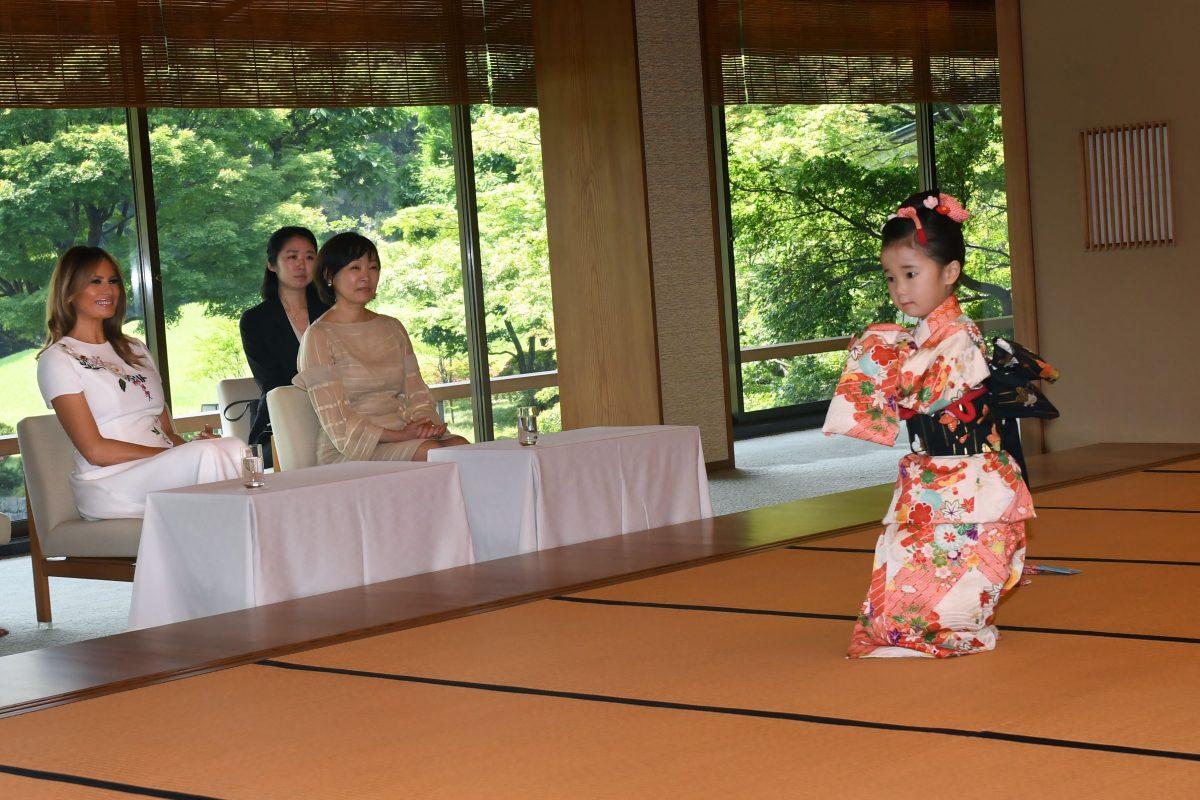 First Lady Melania Trump (L) and Japanese Prime Minister Shinzo Abe's wife, Akie Abe, watch a traditional Japanese dance (Nichibu) during a cultural event at Akasaka guesthouse in Tokyo on May 27, 2019. (Tomohiro Ohsumi/AFP/Getty Images)