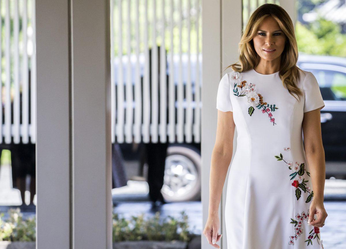 First Lady Melania Trump arrives at the Japanese style annex with Akie Abe, wife of Japanese Prime Minister Shinzo Abe (not pictured) inside the State Guest House in Tokyo on May 27, 2019. (Tomohiro Ohsumi/POOL/AFP/Getty Images)