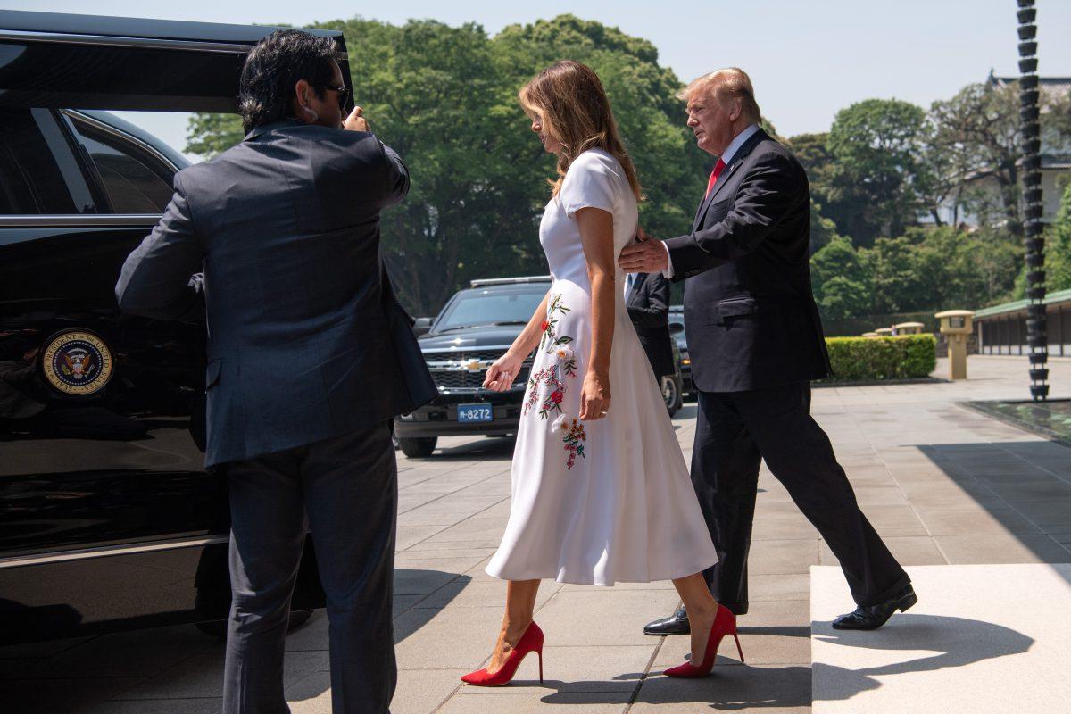 President Donald Trump and First Lady Melania Trump leave after meeting head of state Naruhito and his wife Masako at the royal palace in Tokyo, Japan, on May 27, 2019. (Carl Court-Pool/Getty Images)