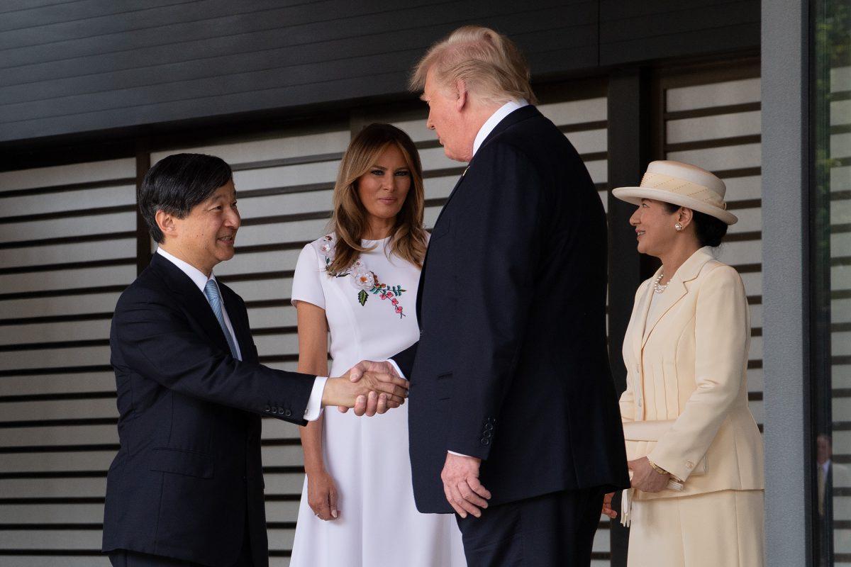 President Donald Trump (Center R) and First Lady Melania Trump (Center L) are bid farewell by head of state Naruhito (L) and his wife Masako (R) as they leave the royal palace in Tokyo, Japan, on May 27, 2019. (Carl Court - Pool/Getty Images)