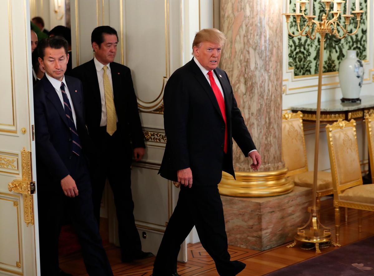 President Donald Trump arrives for a meeting with Japanese Prime Minister Shinzo Abe at Akasaka Palace, Japanese state guest house in Tokyo on May 27, 2019. (Eugene Hoshiko - Pool/Getty Images)