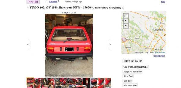 A “like new” 1988 Yugo that was apparently kept in a “garage and forgotten until now” is on sale near Washington. (Craigslist.org)