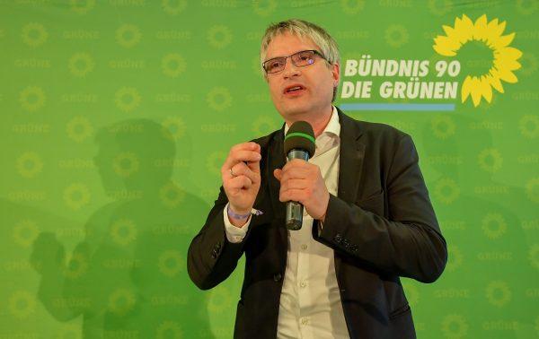 German Greens party top candidate Sven Giegold speaks on stage after exit poll were announced on public broadcast TV stations on May 26, 2019, in Berlin following the European Parliament election. (Tobias Schwarz/AFP/Getty Images)