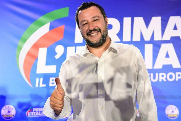 Italian Deputy Prime Minister and Interior Minister Matteo Salvini gives a "thumbs up" during a press conference in the Lega headquarters in northern Milan following the results of the European parliamentary elections, on May 27, 2019. (Miguel Medina/AFP/Getty Images)