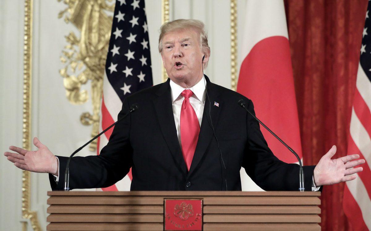 President Donald Trump, gestures as he speaks during a news conference with Shinzo Abe, Japan's prime minister, not pictured, at Akasaka Palace in Tokyo, Japan on May 27, 2019. (Kiyoshi Ota - Pool/Getty Images)