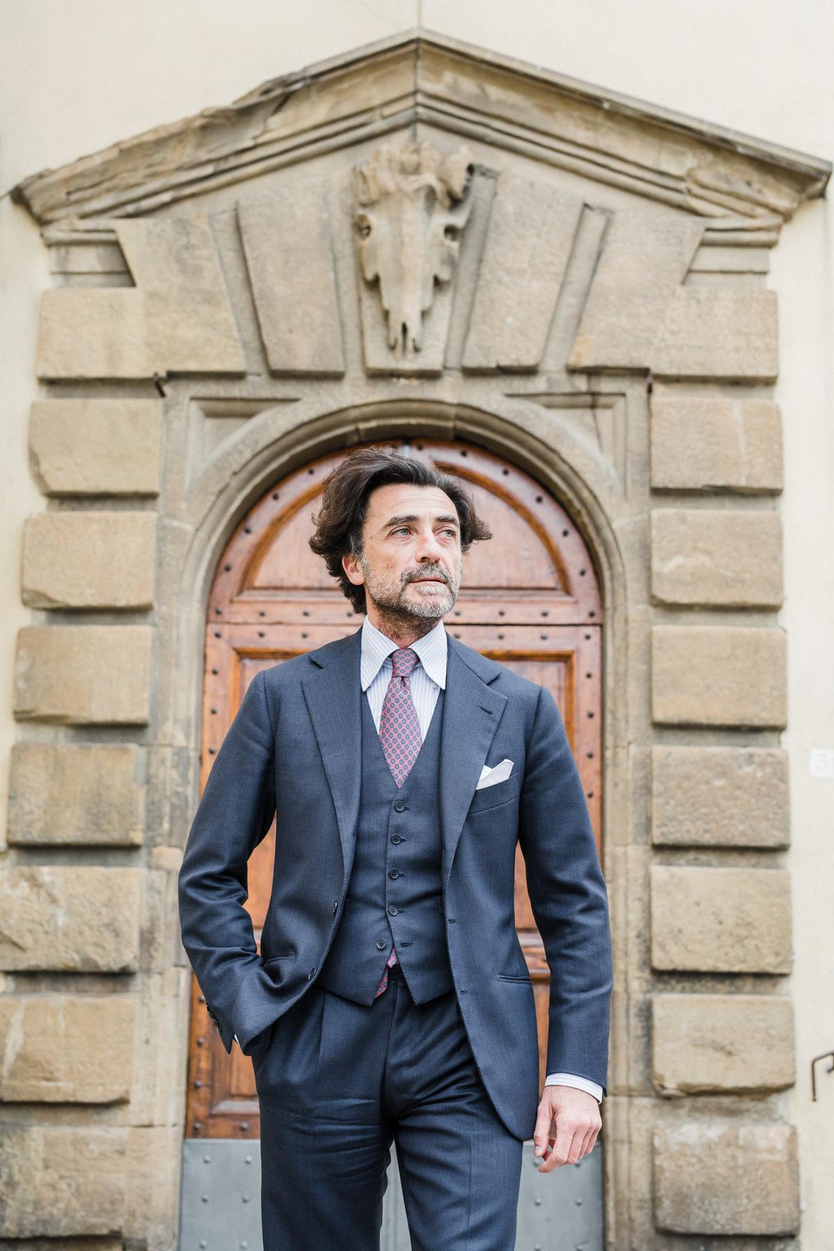Tommaso Capozzoli, partner and brand ambassador at Sartoria Vestrucci, wears a bespoke three-piece suit ($5,600). (Courtesy of Sartoria Vestrucci)