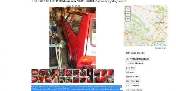 Photos of the vehicle show the Yugoslav-made without a scratch on its bright red paint. The seller also offered photos of the interior and engine. (Craigslist.org)