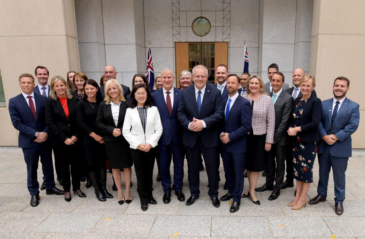 Prime Minister Scott Morrison poses for photographs with incoming Government Members & Senators after a Joint Party Room meeting at Parliament House on May 28, 2019 in Canberra, Australia. Scott Morrison's new ministry will be sworn in tomorrow following his victory in the May 18 Federal election. (Tracey Nearmy/Getty Images)