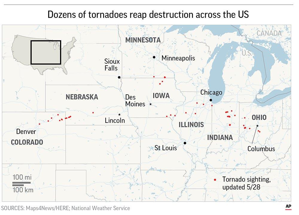A rapid-fire line of apparent tornadoes tore across Indiana and Ohio overnight, packed so closely together that one crossed the path carved by another on May 28, 2019. (Map4News/Here; National Weather Service via AP)