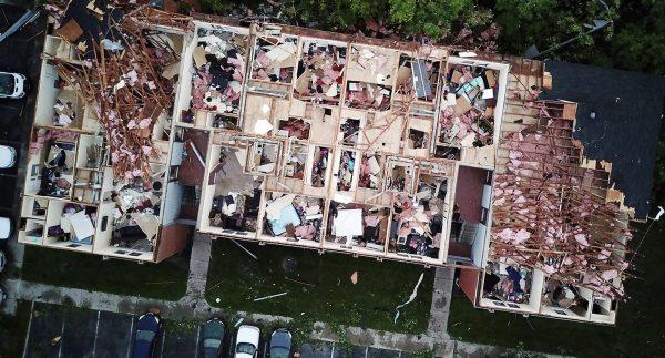 This aerial photo shows tornado damage at the Westbrooke Village Apartment complex in Trotwood, Ohio, on May 28, 2019. (Doral Chenoweth III/The Columbus Dispatch via AP)