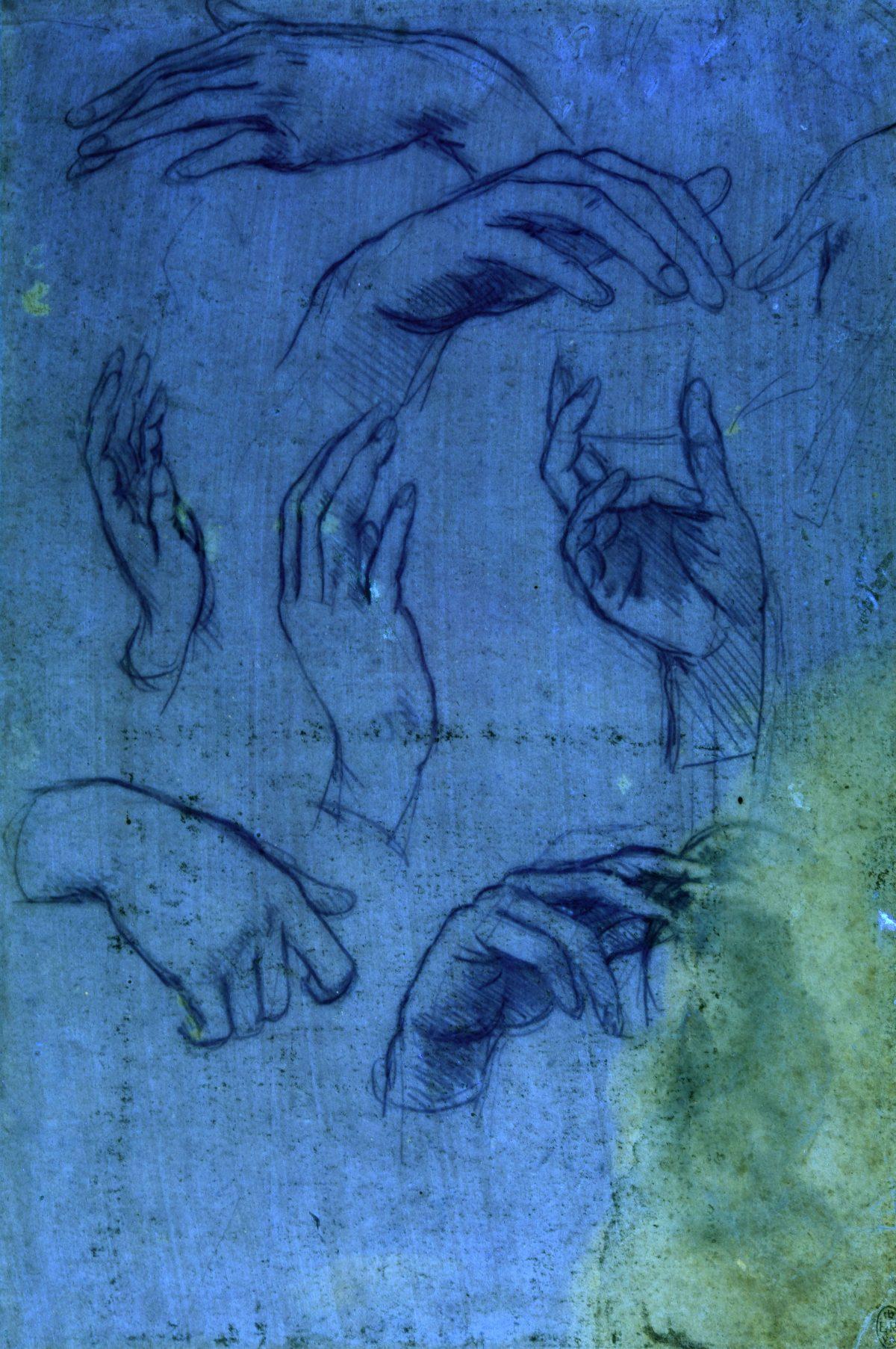 "Studies of hands for the Adoration of the Magi," sheet 1, under ultraviolet light, circa 1481, by Leonardo da Vinci, Metalpoint (faded) on pink prepared paper. (Royal Collection Trust/Her Majesty Queen Elizabeth II 2019)