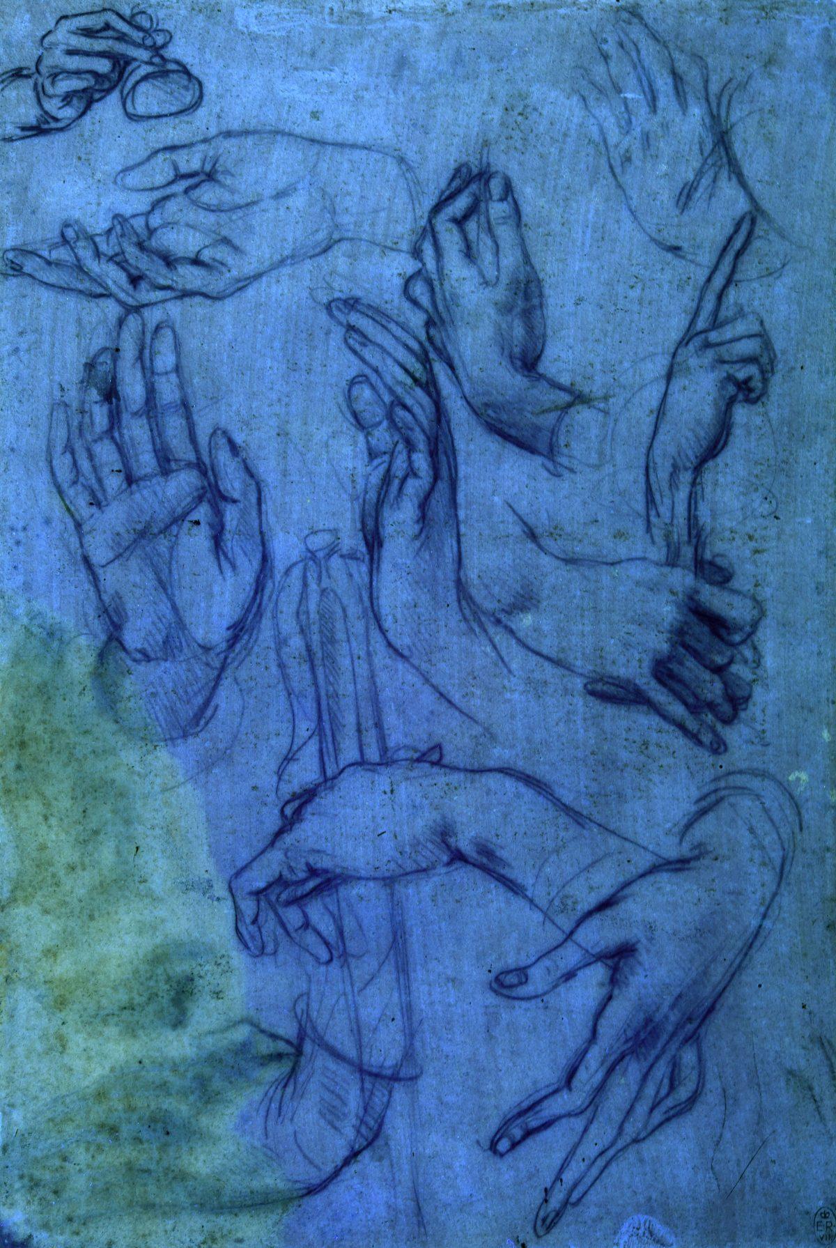 "Studies of hands for the Adoration of the Magi," sheet 2, under ultraviolet light, circa 1481, by Leonardo da Vinci. Metalpoint (faded) on pink prepared paper. (Royal Collection Trust/Her Majesty Queen Elizabeth II 2019)