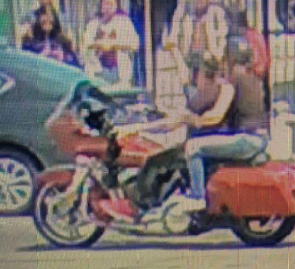 A security camera image of suspects on a motorcycle (L) and a security camera image of the passenger (R) wanted in a hit and run collision on May 26, 2019. (Toronto Police Service)