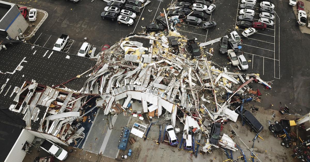 This aerial image shows severe storm damage in Jefferson City, Mo., Thursday, May 23, 2019, after a tornado hit overnight. (DroneBase via AP)