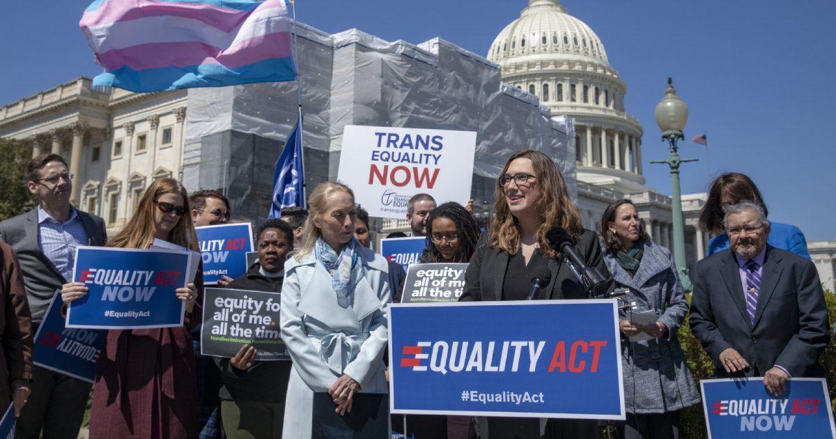 Sarah McBride, national press secretary of the Human Rights Collation, speaks on the introduction of the Equality Act, a comprehensive LGBTQ non-discrimination measure at the U.S. Capitol in Washington on April 1, 2019. (Tasos Katopodis/Getty Images)