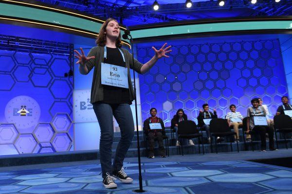 Erin Howard, 14, of Huntsville, Ala., gets excited after receiving her last word to spell as she competes in the finals of the 2019 Scripps National Spelling Bee in Oxon Hill, Md., on May 30, 2019. (Susan Walsh/AP photo)