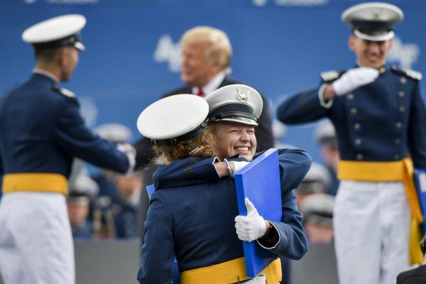 United States Air Force Academy cadets celebrate after receiving their diplomas during their graduation ceremony at Falcon Stadium in Colorado Springs, Colorado on May 30, 2019. (Michael Ciaglo/Getty Images)