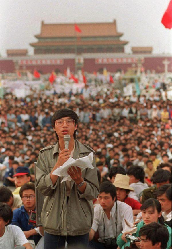 Student leader Wang Dan in Tiananmen Square in Beijing on May 27, 1989, calling for a city wide march. (Mark Avery/AP)