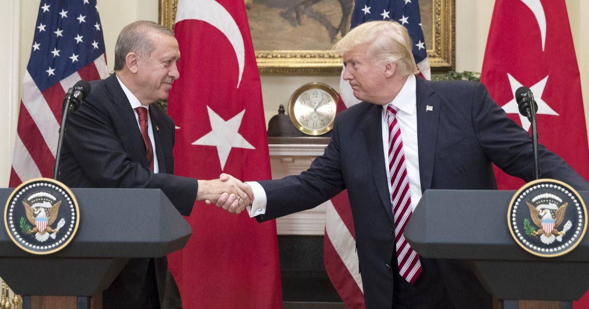 President Donald Trump shakes hands with President of Turkey Recep Tayyip Erdogan in the Roosevelt Room at the White House in Washington on May 16, 2017. (Michael Reynolds-Pool/Getty Images)