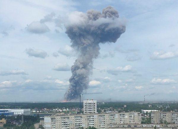 A still image, taken from a video footage, shows smoke rising from the site of blasts at an explosives plant in the town of Dzerzhinsk, Nizhny Novgorod Region, Russia on June 1, 2019. (Elena Sorokina via Reuters)