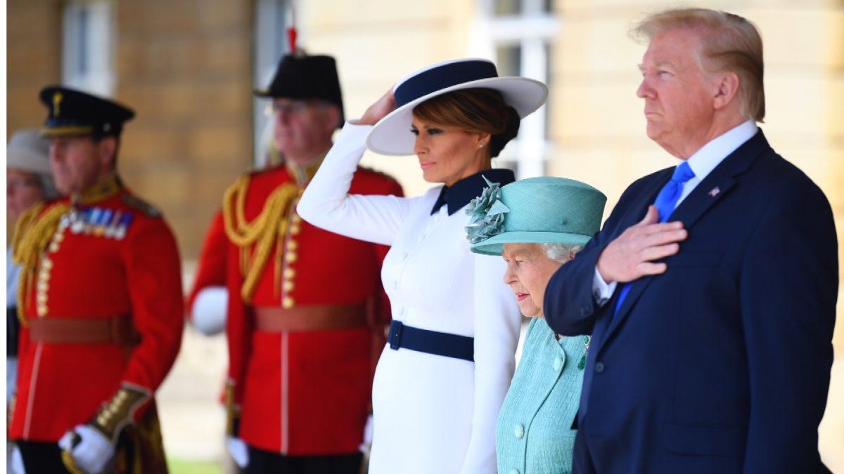 (L–R) First lady Melania Trump, Queen Elizabeth II, and U.S. President Donald Trump during the Ceremonial Welcome at Buckingham Palace on the first day of the U.S. president and first lady's three-day state visit in London on June 3, 2019. (Victoria Jones/WPA Pool/Getty Images)