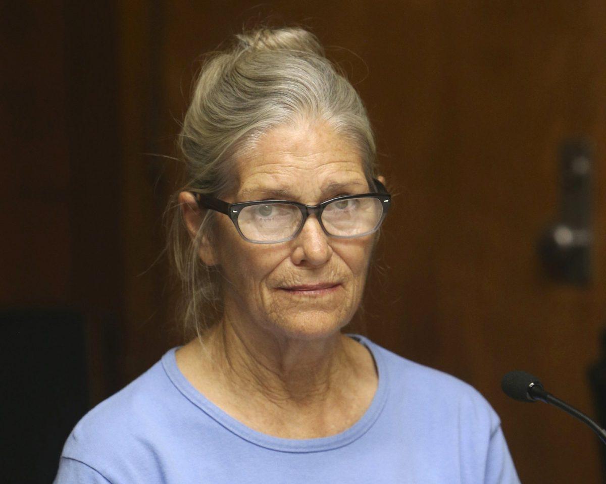 Leslie Van Houten at her parole hearing at the California Institution for Women in Corona, Calif., Sept. 6, 2017. (Stan Lim/Orange County Register/SCNG via AP)
