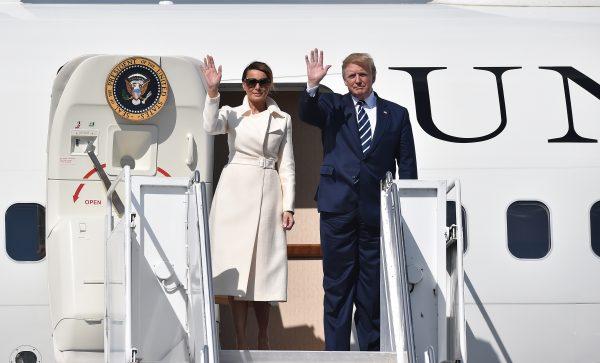 US President Donald Trump exits Air Force One alongside First Lady Melania Trump after arriving at Shannon airport on June 5, 2019 in Shannon, Ireland. President Trump will use his Trump International golf resort in nearby Doonbeg as a base for his three day stay in Ireland. The resort employs over 300 local people in the area and the village will roll out a warm welcome for the 45th President of the United States. (Charles McQuillan/Getty Images)