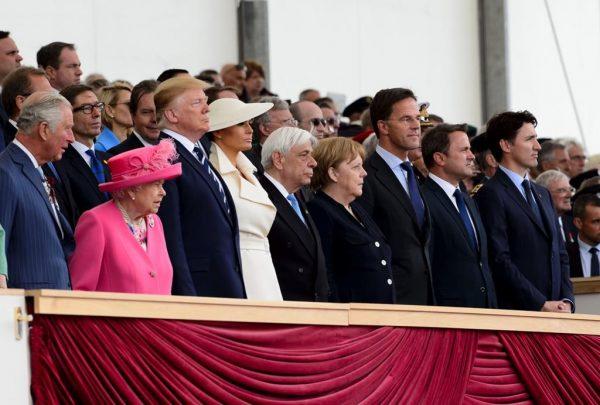 Queen Elizabeth II and World leaders stand during an event to mark the 75th anniversary of D-Day on June 5, 2019 in Portsmouth, England. (AP Photo/Alex Brandon/The Canadian Press)