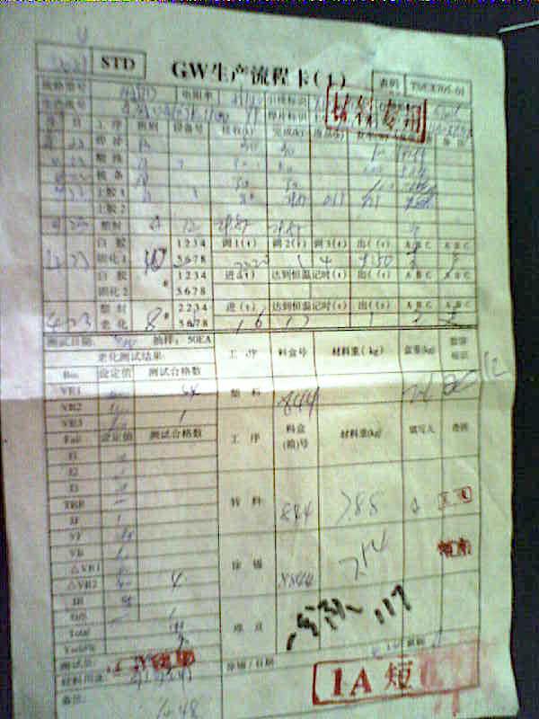 A card used to keep track of the making of diodes in Masanjia Labor Camp. (Courtesy Yu Ming)