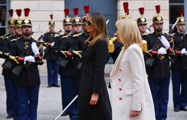The French President's wife Brigitte Macron (R) and First Lady Melania Trump arrive for a lunch at the Prefecture of Caen, Normandy, northwestern France, on June 6, 2019. (Mandel Ngan/AFP/Getty Images)