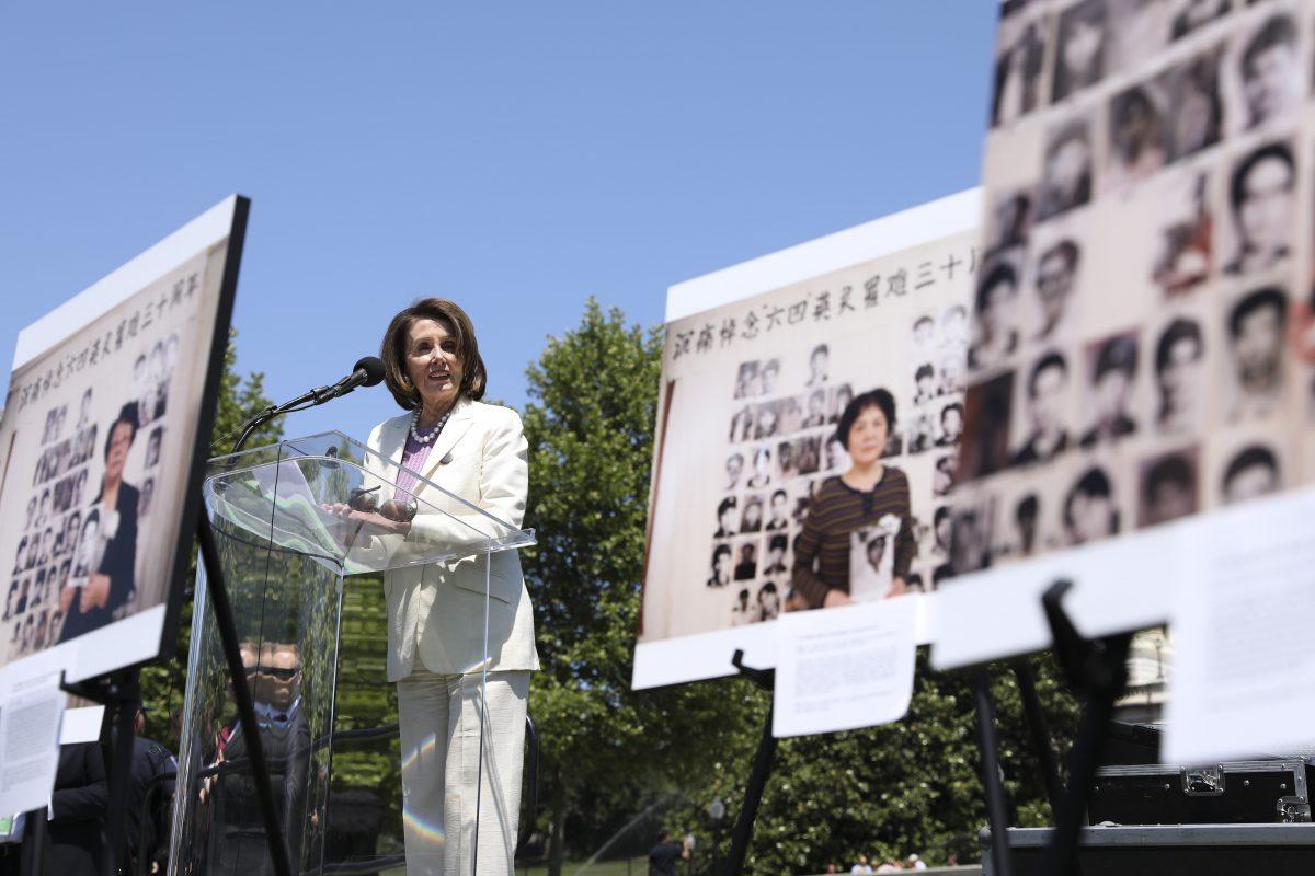 House Speaker Rep. Nancy Pelosi (D-Calif.) speaks at a rally to commemorate the 30th anniversary of the Tiananmen Square massacre, on the West Lawn the Capitol on June 4, 2019. Pelosi is surrounded by pictures of the Tiananmen Mothers and of victims of the massacre. (Samira Bouaou/The Epoch Times)