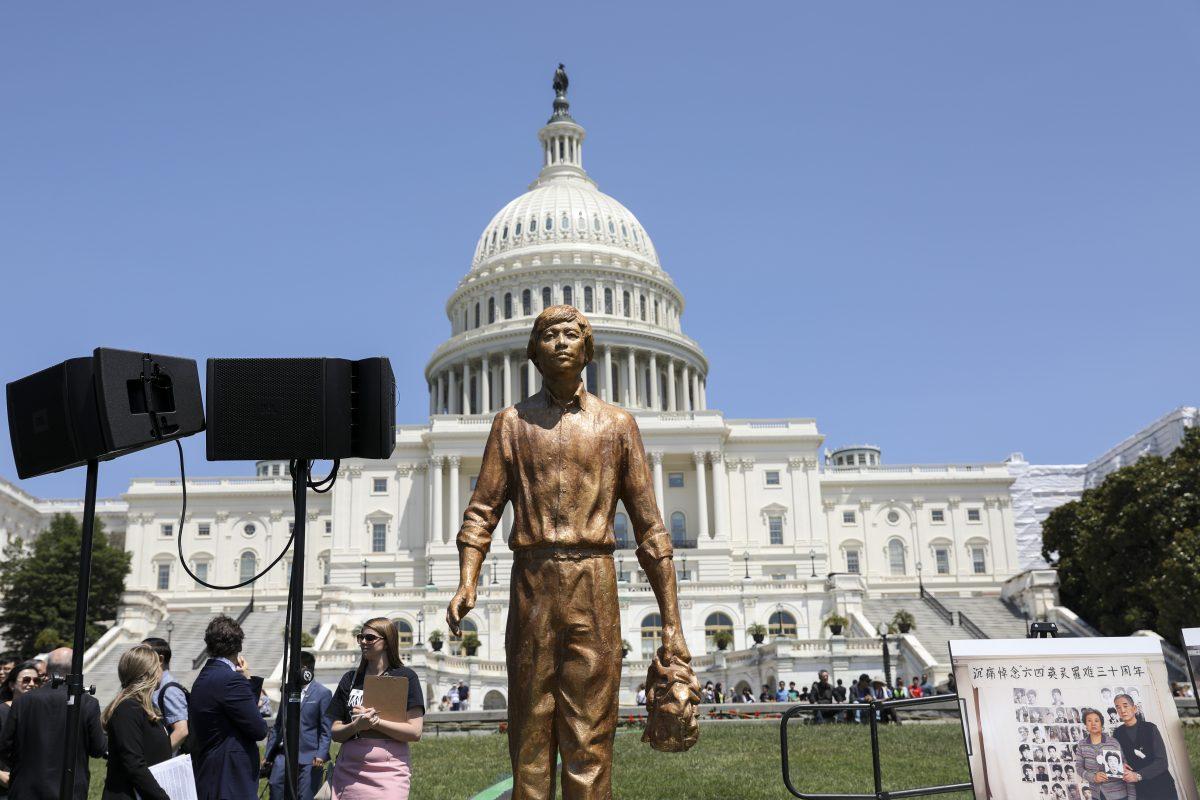 The Tank Man statue that was unveiled in a rally to commemorate the 30th anniversary of the Tiananmen Square massacre, on the West Lawn the Capitol on June 4, 2019. (Samira Bouaou/The Epoch Times)