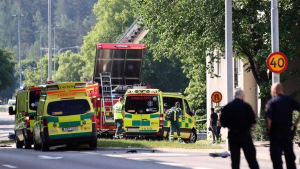 Rescue personnel are seen at the site of an explosion in Linkoping, Sweden on June 7, 2019. (Jeppe Gustafsson/TT News Agency/via Reuters)