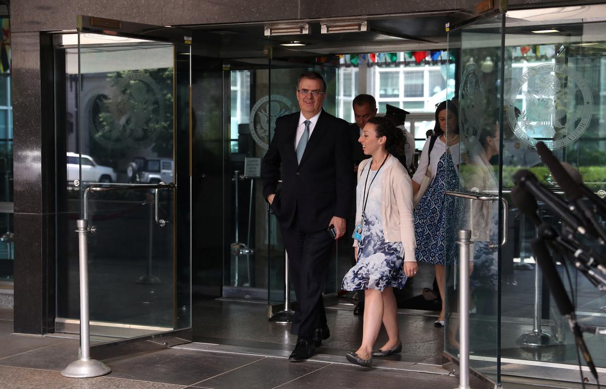 Mexico's Foreign Minister Marcelo Ebrard exits the U.S. State Department to speak to reporters after a meeting between United States and Mexican officials on immigration and trade in Washington on June 6, 2019. (Leah Millis/Reuters)
