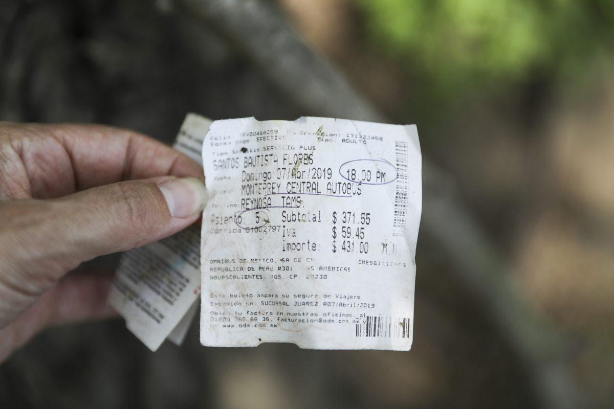 A Mexico bus ticket is found on the banks of the Rio Grande where many illegal aliens are ferried across in rafts by smugglers from Mexico, near McAllen, Texas, on April 18, 2019. (Charlotte Cuthbertson/The Epoch Times)
