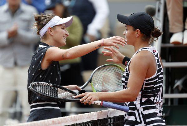 Australia's Ashleigh Barty and Marketa Vondrousova of the Czech Republic greet each other after their final match at the French Open on June 8, 2019. REUTERS/Vincent Kessler