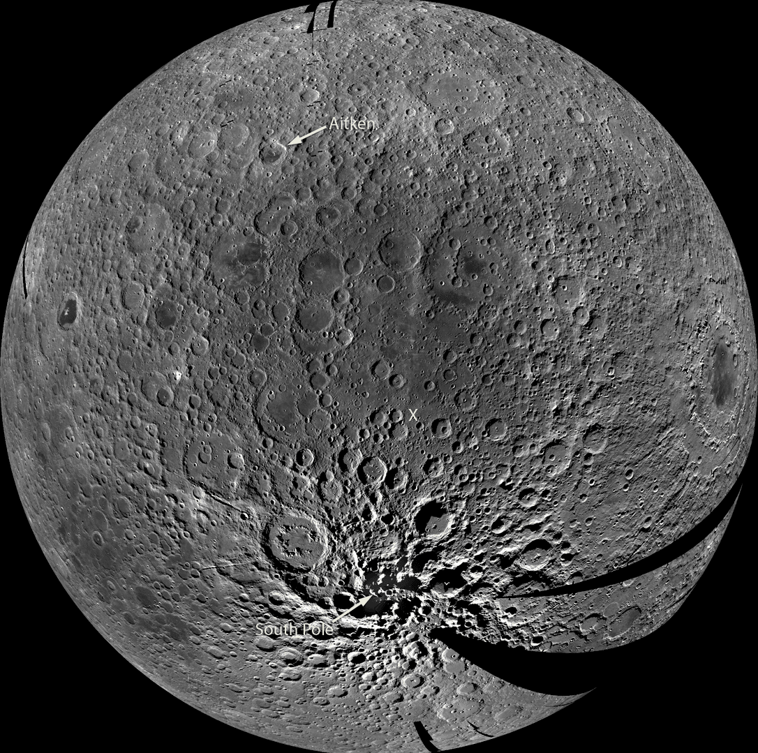 An image of the lunar surface showing its various basins. [NASA/GSFC/Arizona State University].