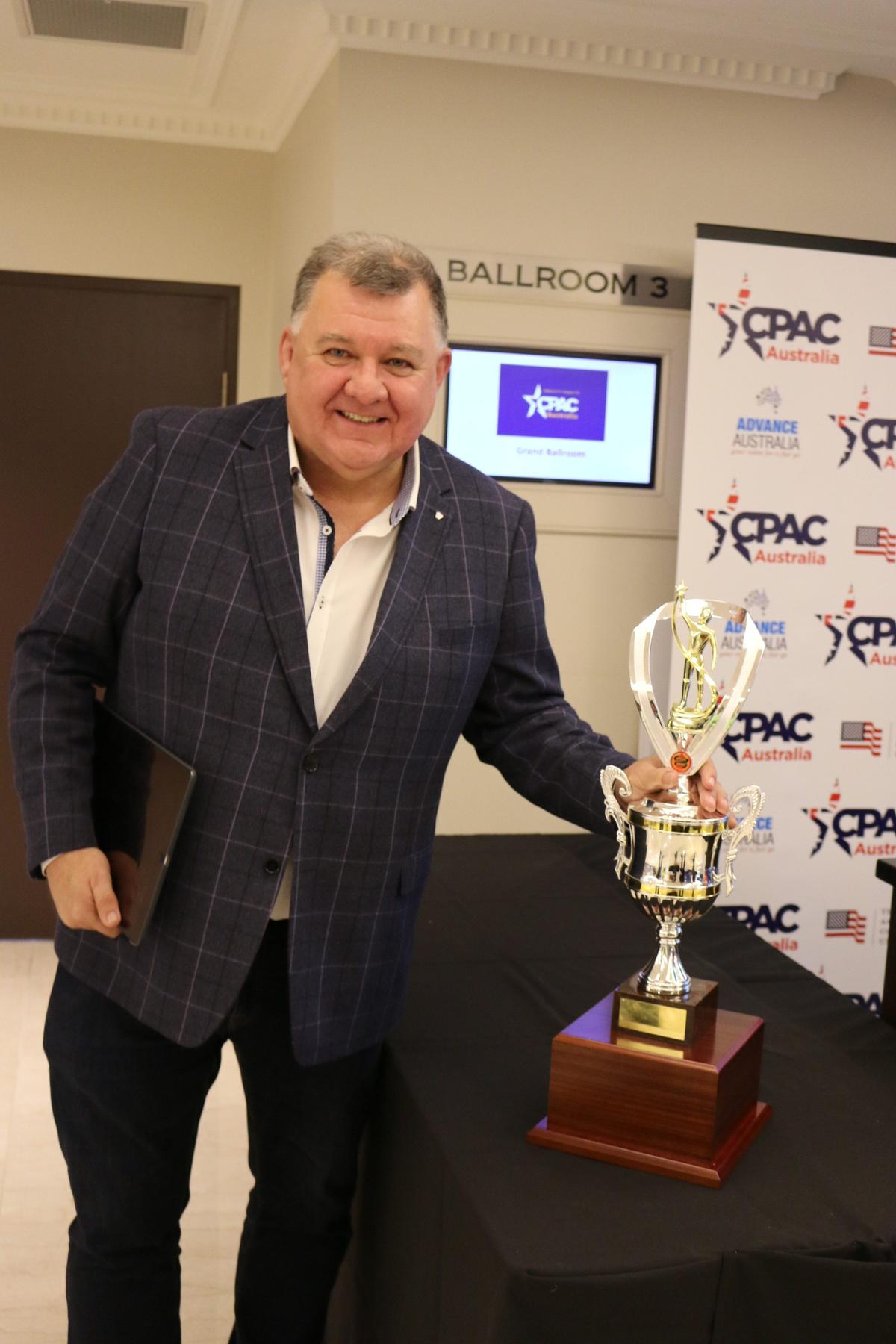 Australian Liberal MP Craig Kelly with the 'Keneally Cup' at the first Conservative Political Action Conference (CPAC) Australia on Aug. 10, 2019. (The Epoch Times)