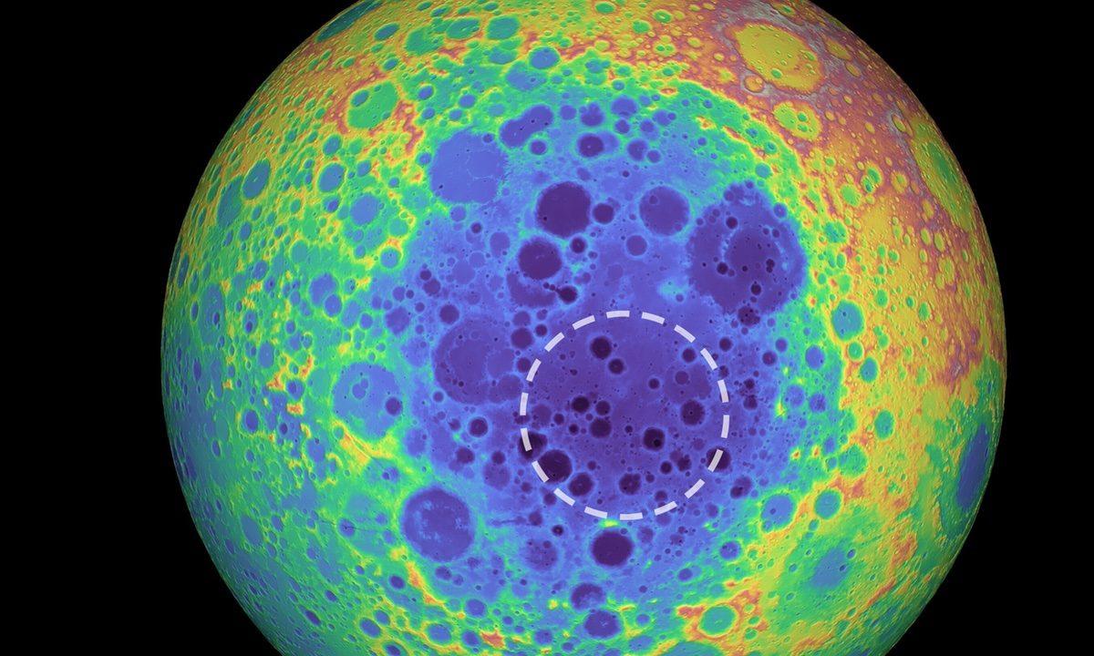 This false-color graphic shows the topography of the far side of the Moon. The warmer colors indicate high topography and the bluer colors indicate low topography. The South Pole-Aitken (SPA) basin is shown by the shades of blue. The dashed circle shows the location of the mass anomaly under the basin. (Credit: NASA/Goddard Space Flight Center/University of Arizona)