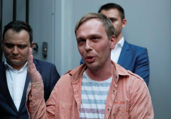Russian journalist Ivan Golunov, who was freed from house arrest after police abruptly dropped drugs charges against him, speaks with the media in Moscow, Russia June 11, 2019. (Shamil Zhumatov/Reuters)