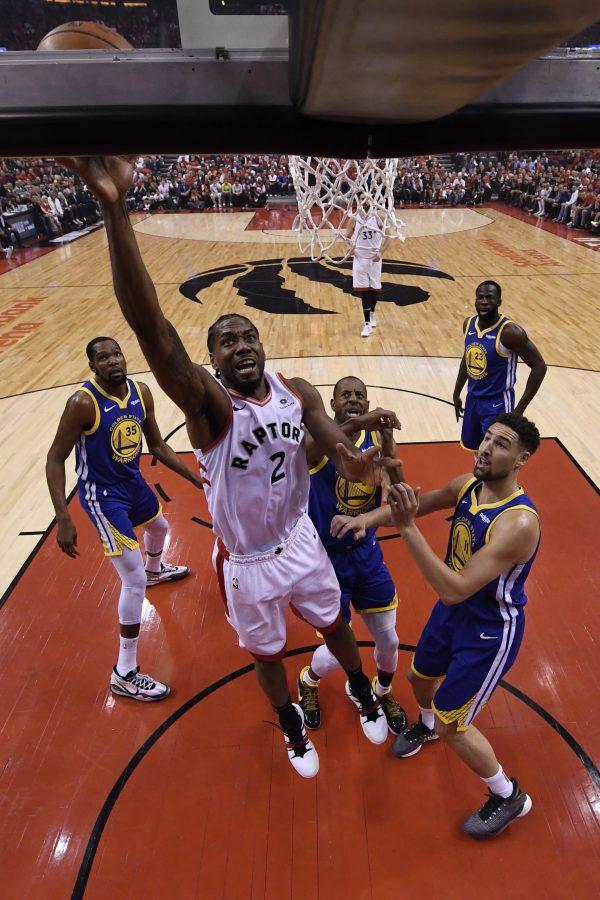Toronto Raptors forward Kawhi Leonard (2) scores during Game 5 of the NBA Finals in Toronto on Monday, June 10, 2019. (Kyle Terada/The Canadian Press)