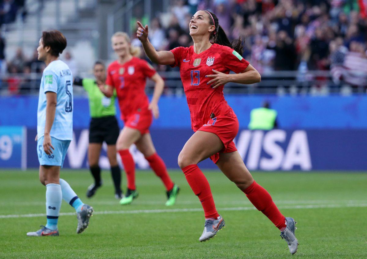 Alex Morgan of the USA celebrates after scoring her team's first goal during the 2019 FIFA Women's World Cup France group F match between USA and Thailand at Stade Auguste Delaune on June 11, 2019 in Reims, France. (Robert Cianflone/Getty Images)