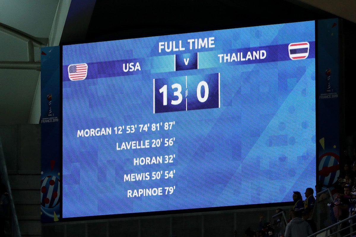 The LED board displays the final score after the 2019 FIFA Women's World Cup France group F match between USA and Thailand at Stade Auguste Delaune in Reims, France on June 11, 2019 (Robert Cianflone/Getty Images)