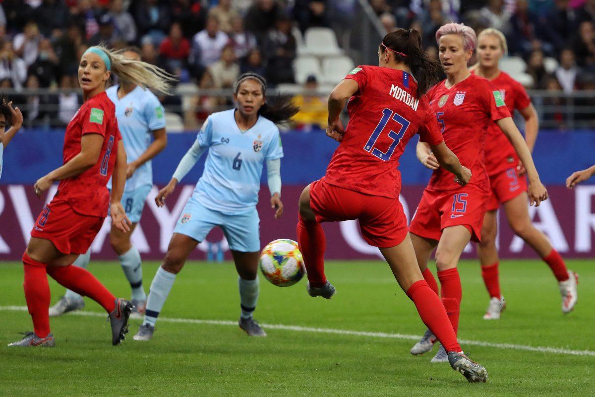 Alex Morgan of the USA scores her team's fifth goal during the 2019 FIFA Women's World Cup France group F match between USA and Thailand at Stade Auguste Delaune in Reims, France on June 11, 2019. (Robert Cianflone/Getty Images)